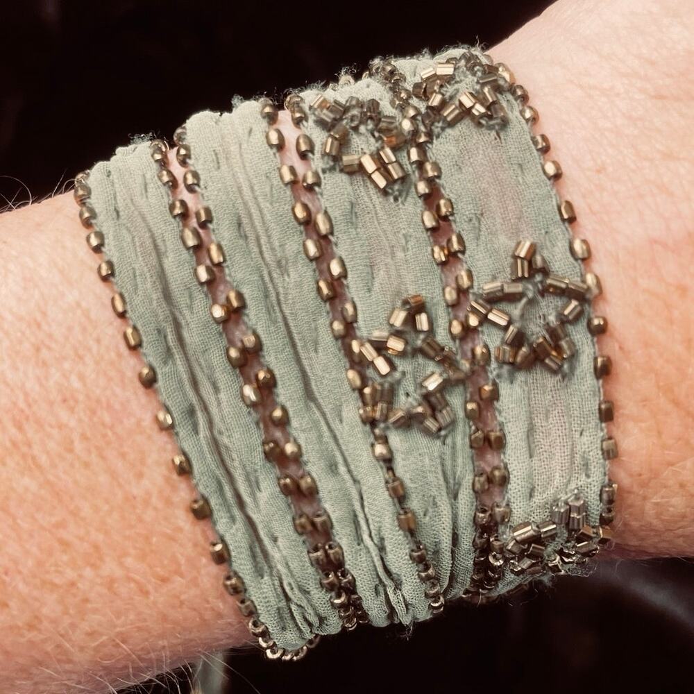 EUC - Chan Luu Crinkled Sage Green Silk and Metallic Seed Bead Wrap Bracelet